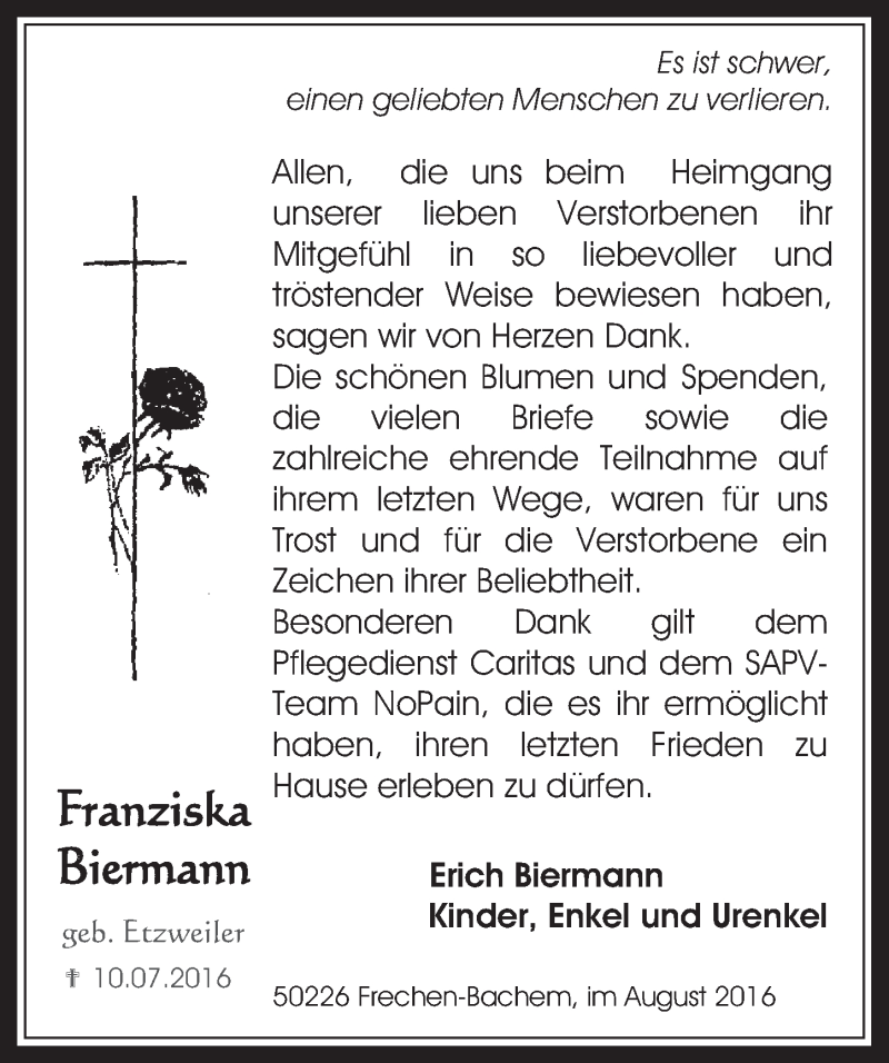  Traueranzeige für Franziska Biermann vom 03.08.2016 aus  Wochenende 