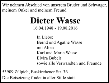 Anzeige von Dieter Wasse von  Blickpunkt Euskirchen 