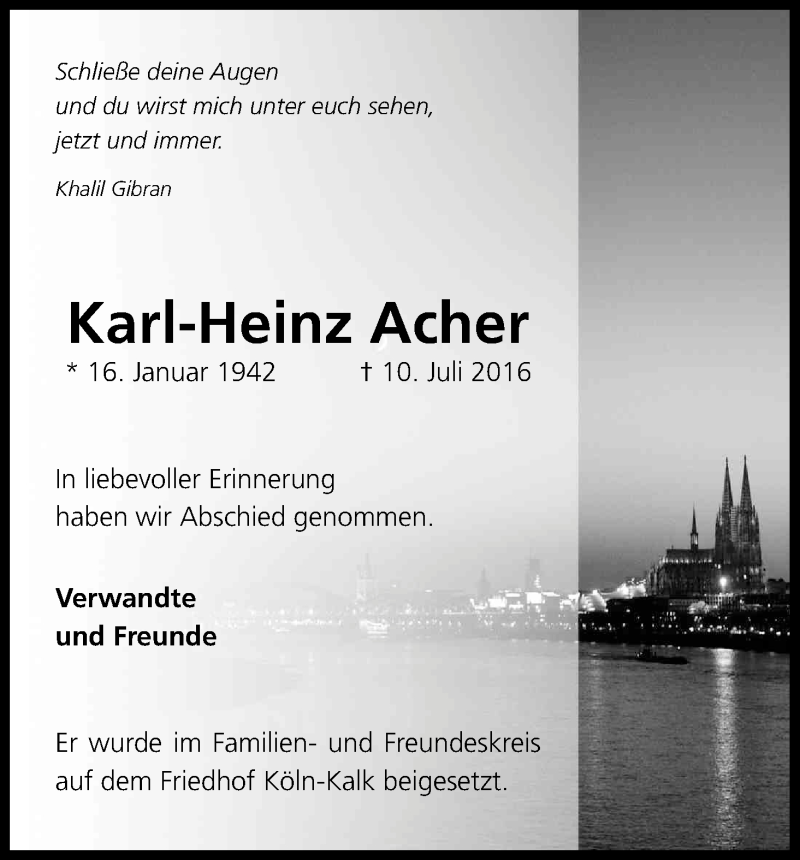  Traueranzeige für Karl-Heinz Acher vom 31.08.2016 aus Kölner Stadt-Anzeiger / Kölnische Rundschau / Express