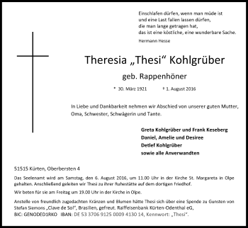 Anzeige von Theresia Kohlgrüber von Kölner Stadt-Anzeiger / Kölnische Rundschau / Express