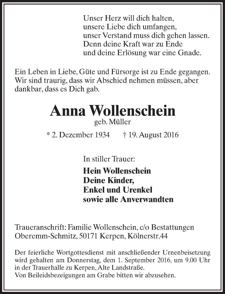  Traueranzeige für Anna Wollenschein vom 27.08.2016 aus  Sonntags-Post 