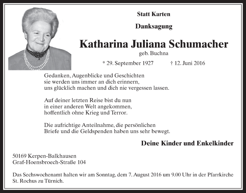  Traueranzeige für Katharina Juliana Schumacher vom 03.08.2016 aus  Werbepost 