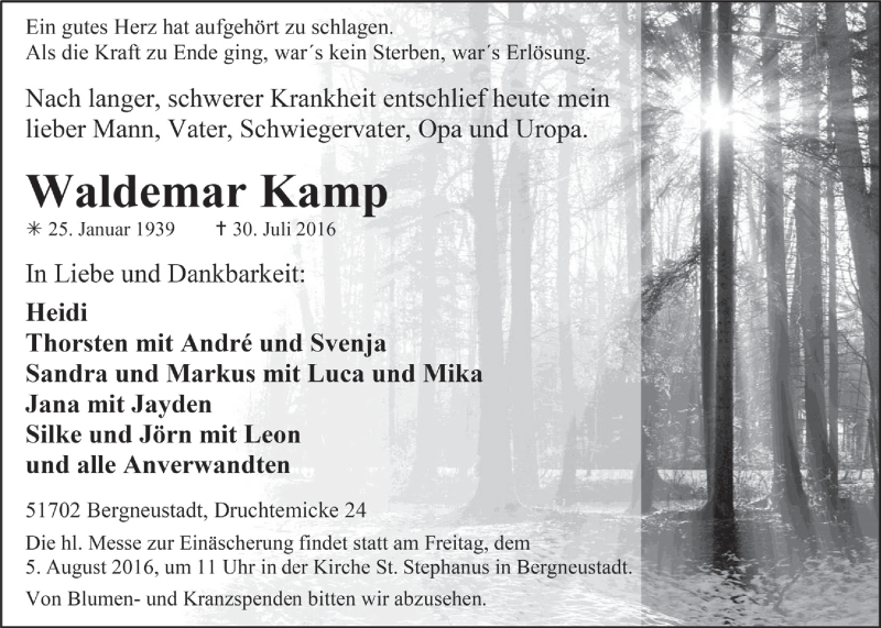  Traueranzeige für Waldemar Kamp vom 03.08.2016 aus  Anzeigen Echo 