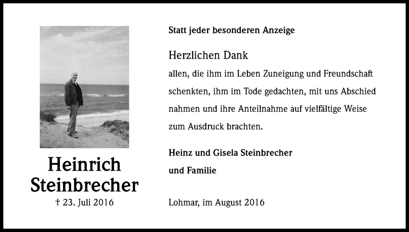  Traueranzeige für Heinrich Steinbrecher vom 27.08.2016 aus Kölner Stadt-Anzeiger / Kölnische Rundschau / Express