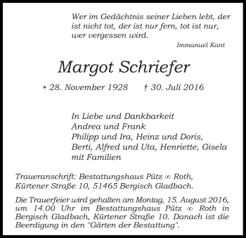 Anzeige von Margot Schriefer von Kölner Stadt-Anzeiger / Kölnische Rundschau / Express