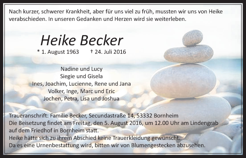  Traueranzeige für Heike Becker vom 03.08.2016 aus  Schaufenster/Blickpunkt 