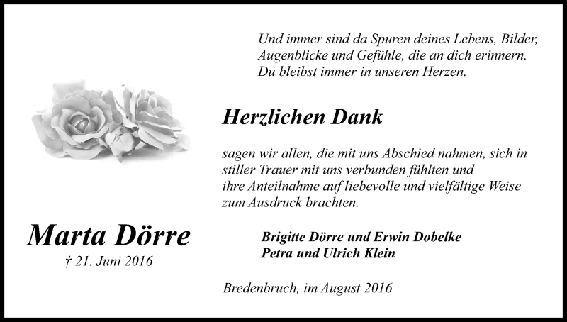  Traueranzeige für Marta Dörre vom 06.08.2016 aus Kölner Stadt-Anzeiger / Kölnische Rundschau / Express