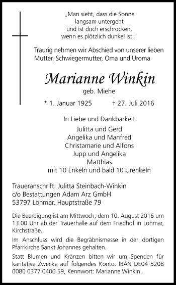 Anzeige von Marianne Winkin von Kölner Stadt-Anzeiger / Kölnische Rundschau / Express