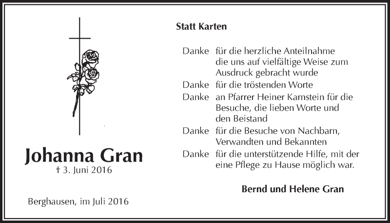  Traueranzeige für Johanna Gran vom 03.08.2016 aus  Lokalanzeiger 