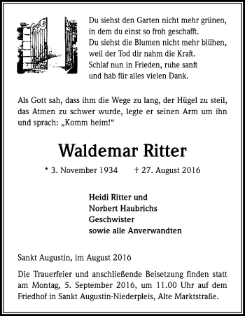 Anzeige von Waldemar Ritter von Kölner Stadt-Anzeiger / Kölnische Rundschau / Express