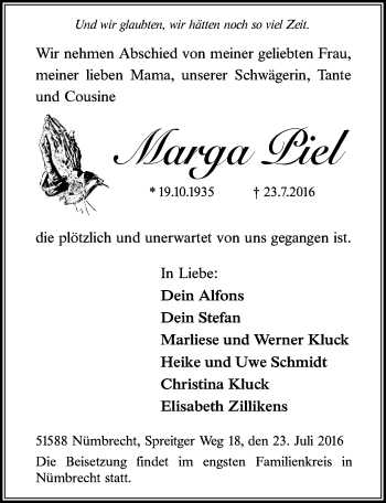 Anzeige von Marga Piel von  Extra Blatt  Lokalanzeiger 