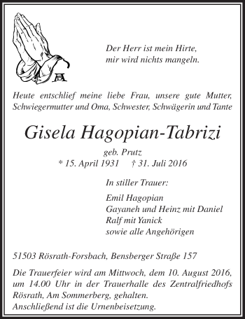 Anzeige von Gisela Hagopian-Tabrizi von  Bergisches Sonntagsblatt 