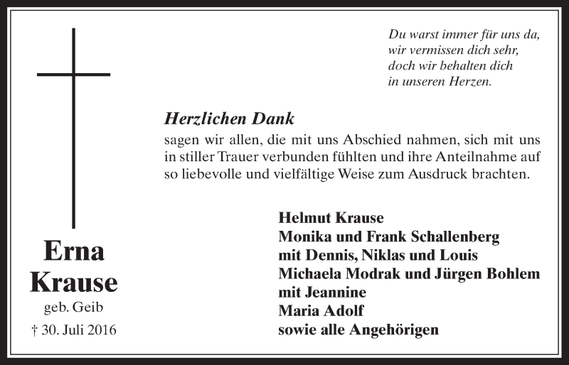  Traueranzeige für Erna Krause vom 24.08.2016 aus  Schaufenster/Blickpunkt 