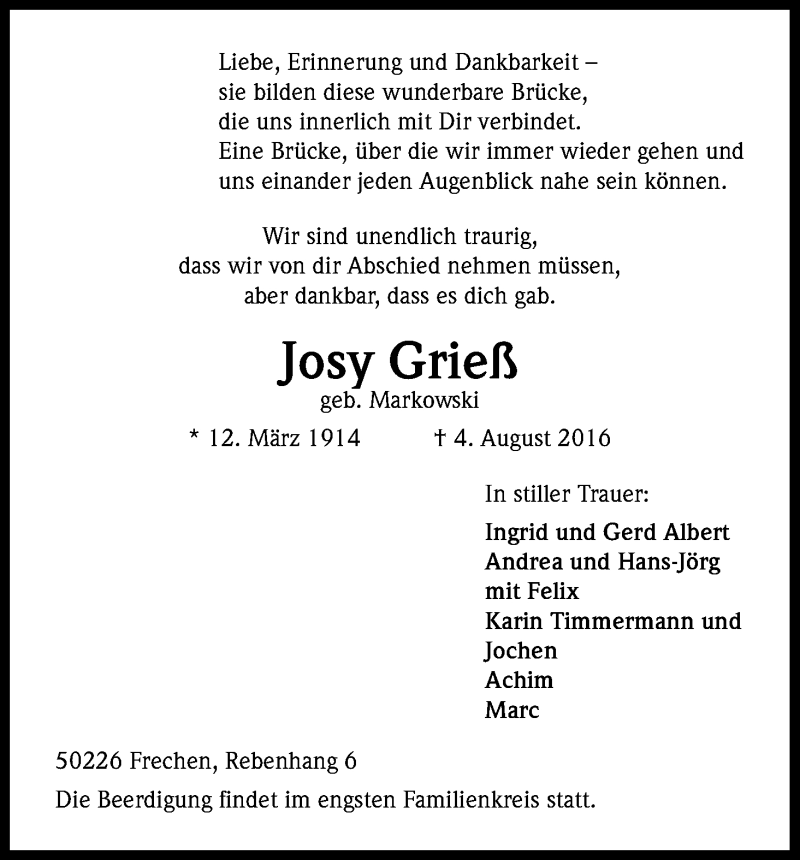  Traueranzeige für Josy Grieß vom 10.08.2016 aus Kölner Stadt-Anzeiger / Kölnische Rundschau / Express