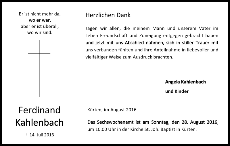  Traueranzeige für Ferdinand Kahlenbach vom 27.08.2016 aus Kölner Stadt-Anzeiger / Kölnische Rundschau / Express