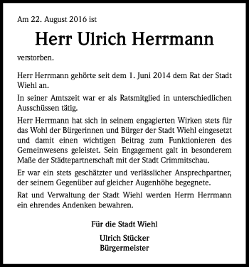 Anzeige von Ulrich Hermann von Kölner Stadt-Anzeiger / Kölnische Rundschau / Express