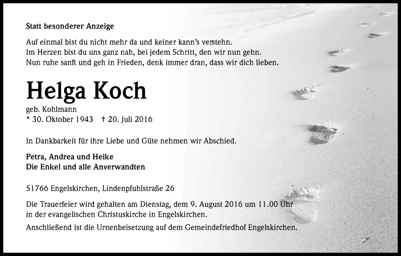  Traueranzeige für Helga Koch vom 03.08.2016 aus Kölner Stadt-Anzeiger / Kölnische Rundschau / Express