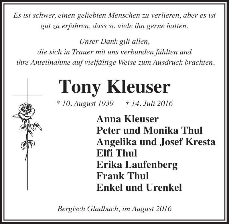 Traueranzeige für Tony Kleuser vom 10.08.2016 aus  Bergisches Handelsblatt 