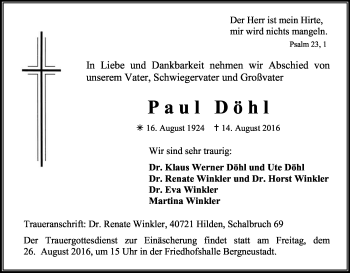 Anzeige von Paul Döhl von Kölner Stadt-Anzeiger / Kölnische Rundschau / Express