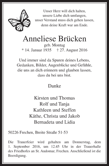Anzeige von Anneliese Brücken von  Wochenende 