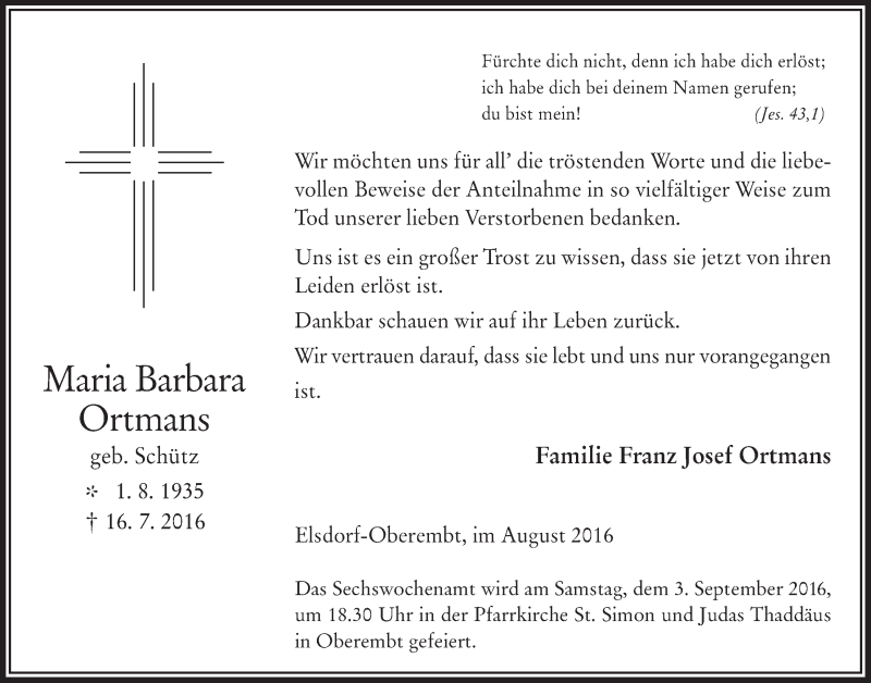  Traueranzeige für Maria Barbara Ortmans vom 17.08.2016 aus  Werbepost 