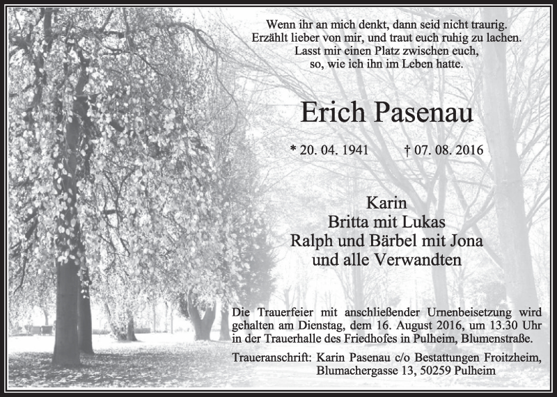  Traueranzeige für Erich Pasenau vom 13.08.2016 aus  Sonntags-Post 