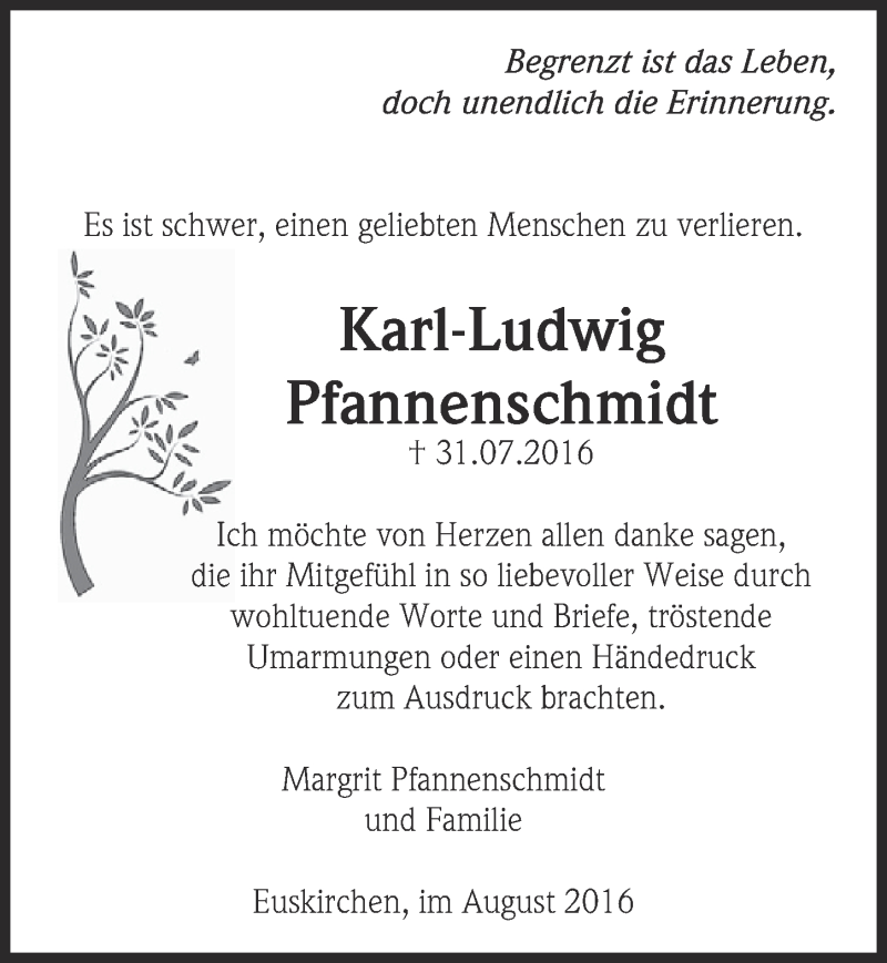  Traueranzeige für Karl-Ludwig Pfannenschmidt vom 27.08.2016 aus  Blickpunkt Euskirchen 
