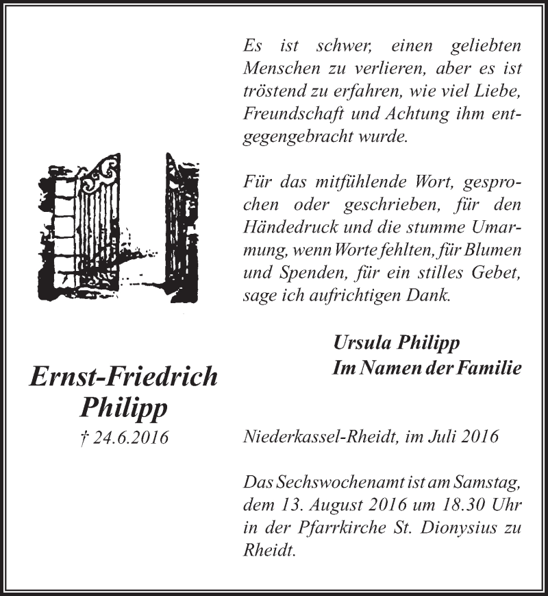  Traueranzeige für Ernst-Friedrich Philipp vom 03.08.2016 aus  Extra Blatt 