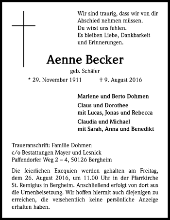 Anzeige von Aenne Becker von Kölner Stadt-Anzeiger / Kölnische Rundschau / Express