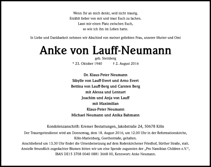  Traueranzeige für Anke von Lauff-Neumann vom 13.08.2016 aus Kölner Stadt-Anzeiger / Kölnische Rundschau / Express