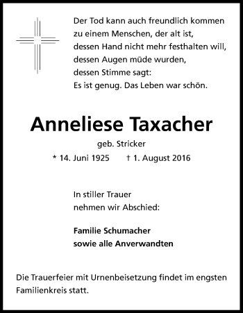 Anzeige von Anneliese Taxacher von Kölner Stadt-Anzeiger / Kölnische Rundschau / Express