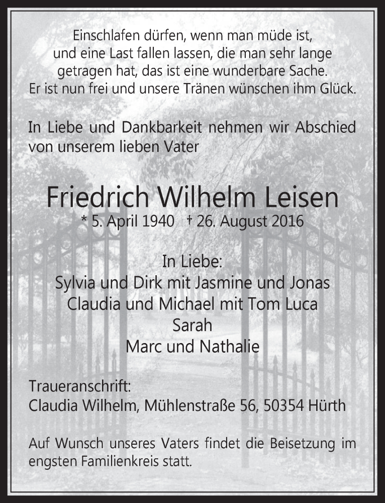  Traueranzeige für Friedrich Wilhelm Leisen vom 31.08.2016 aus  Wochenende 