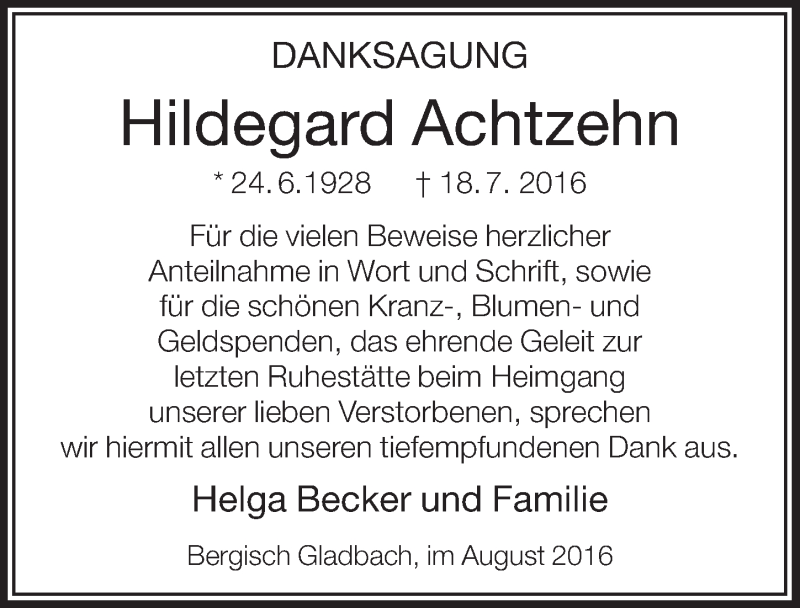  Traueranzeige für Hildegard Achtzehn vom 31.08.2016 aus  Bergisches Handelsblatt 