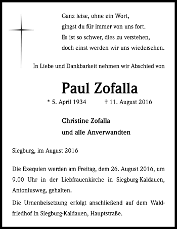 Anzeige von Paul Zofalla von Kölner Stadt-Anzeiger / Kölnische Rundschau / Express
