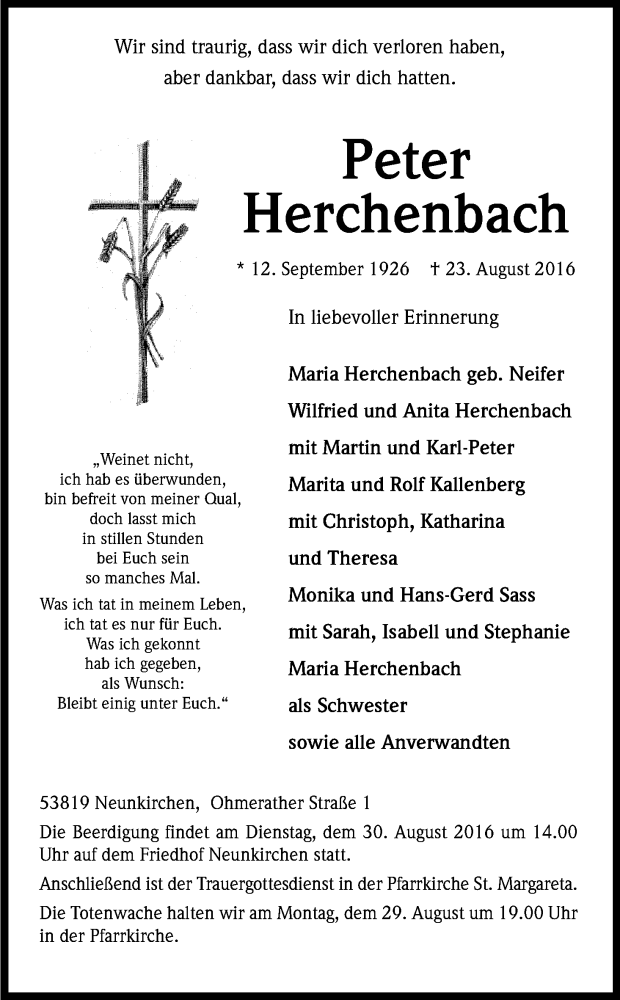  Traueranzeige für Peter Herchenbach vom 26.08.2016 aus Kölner Stadt-Anzeiger / Kölnische Rundschau / Express