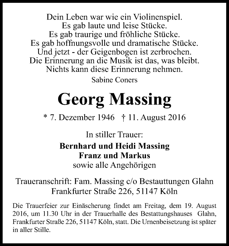  Traueranzeige für Georg Massing vom 17.08.2016 aus Kölner Stadt-Anzeiger / Kölnische Rundschau / Express