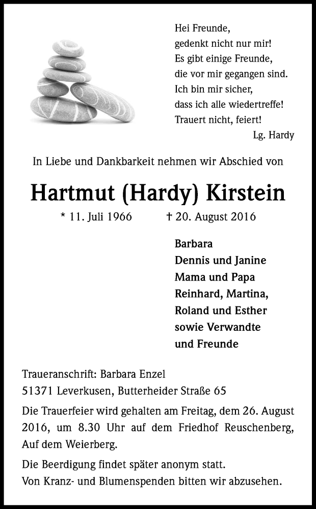  Traueranzeige für Hartmut  Kirstein vom 24.08.2016 aus Kölner Stadt-Anzeiger / Kölnische Rundschau / Express