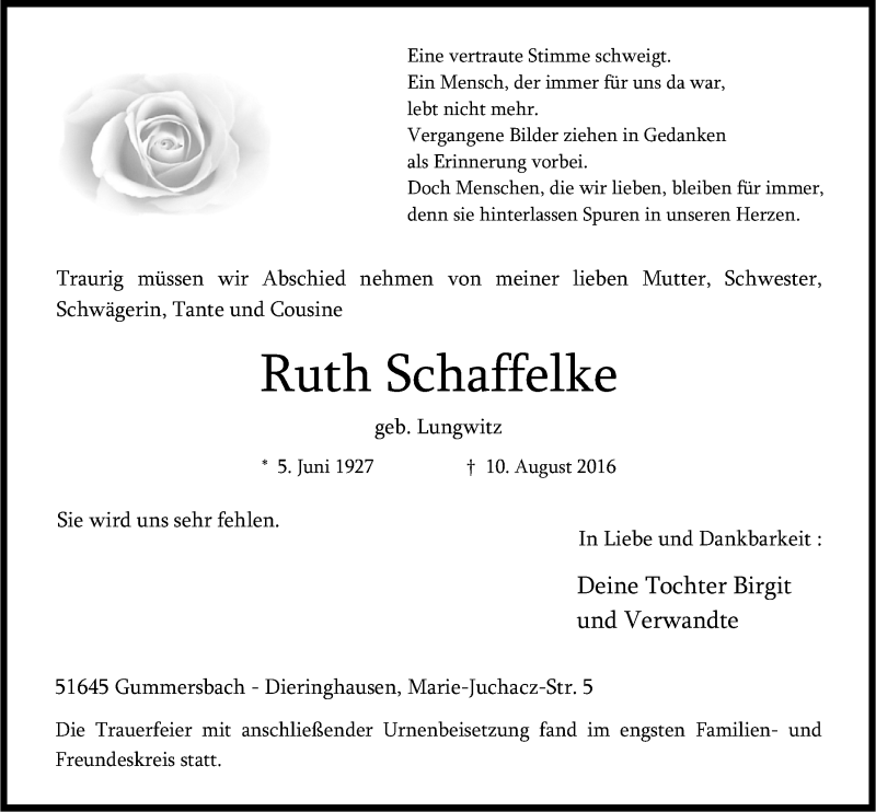  Traueranzeige für Ruth Schaffelke vom 24.08.2016 aus  Anzeigen Echo 