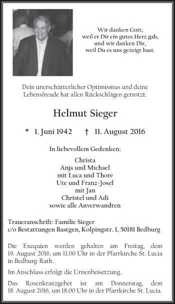 Anzeige von Helmut Sieger von  Werbepost 