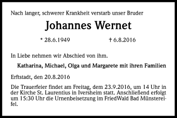 Anzeige von Johannes Wernet von Kölner Stadt-Anzeiger / Kölnische Rundschau / Express