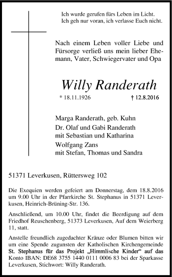 Anzeige von Willy Randerath von Kölner Stadt-Anzeiger / Kölnische Rundschau / Express