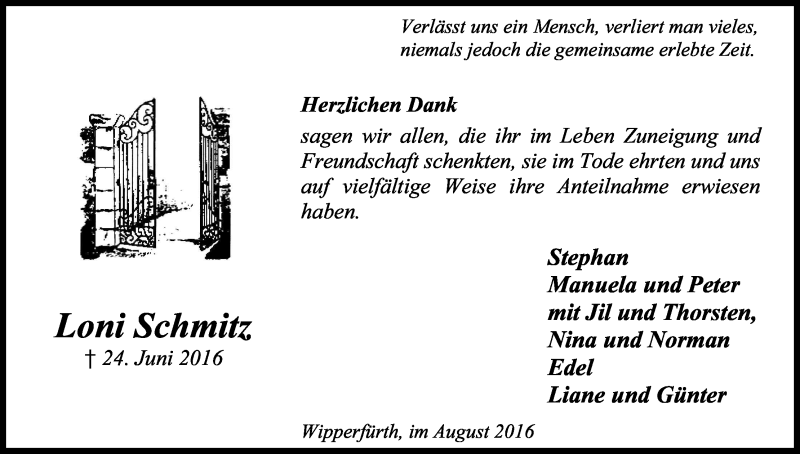  Traueranzeige für Loni Schmitz vom 06.08.2016 aus Kölner Stadt-Anzeiger / Kölnische Rundschau / Express