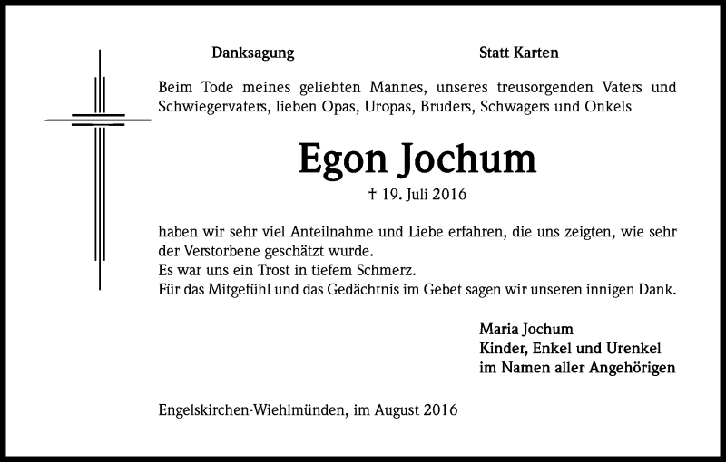  Traueranzeige für Egon Jochum vom 13.08.2016 aus Kölner Stadt-Anzeiger / Kölnische Rundschau / Express