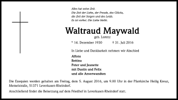 Anzeige von Waltraud Maywald von Kölner Stadt-Anzeiger / Kölnische Rundschau / Express