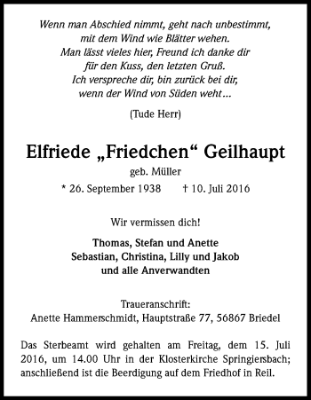 Anzeige von Elfriede Geilhaupt von Kölner Stadt-Anzeiger / Kölnische Rundschau / Express