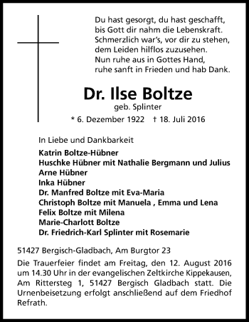 Anzeige von Ilse Boltze von Kölner Stadt-Anzeiger / Kölnische Rundschau / Express