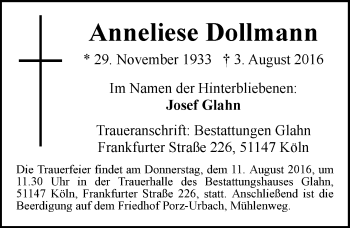 Anzeige von Anneliese Dollmann von  Kölner Wochenspiegel 