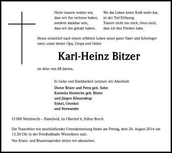 Anzeige von Karl Heinz Bitzer von Kölner Stadt-Anzeiger / Kölnische Rundschau / Express