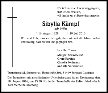 Anzeige von Sibylla Kämpf von Kölner Stadt-Anzeiger / Kölnische Rundschau / Express
