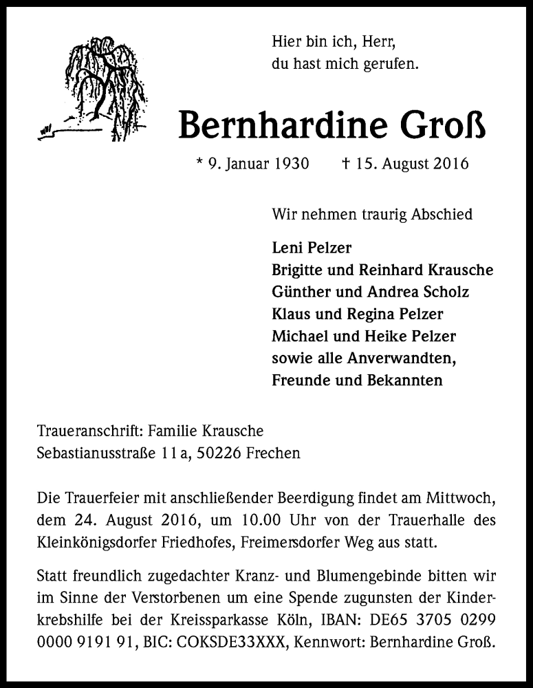  Traueranzeige für Bernhardine Groß vom 20.08.2016 aus Kölner Stadt-Anzeiger / Kölnische Rundschau / Express